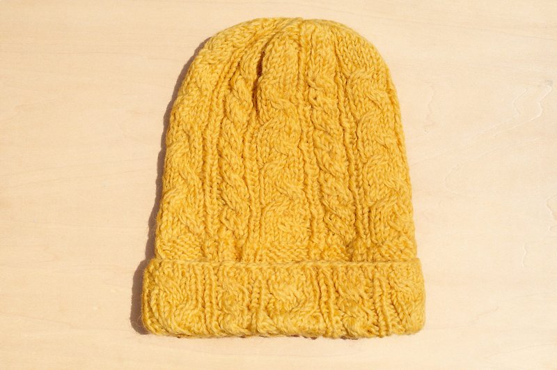 手工編織純羊毛帽 編織帽 針織毛帽 內刷毛手織毛帽 毛線帽-陽光 - 帽子 - 羊毛 黃色