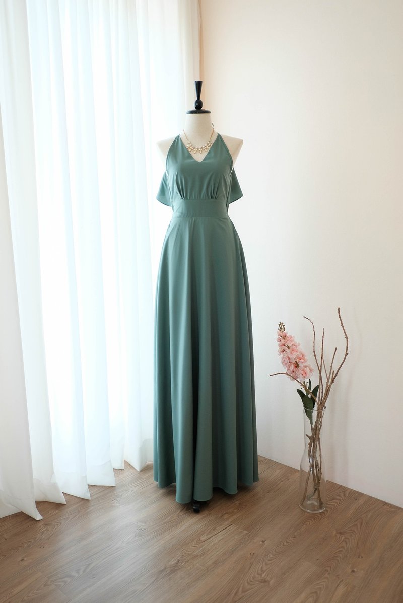 Earthy sage Green dress Long bridesmaid dress Cocktail prom party dress - ชุดราตรี - เส้นใยสังเคราะห์ สีเขียว