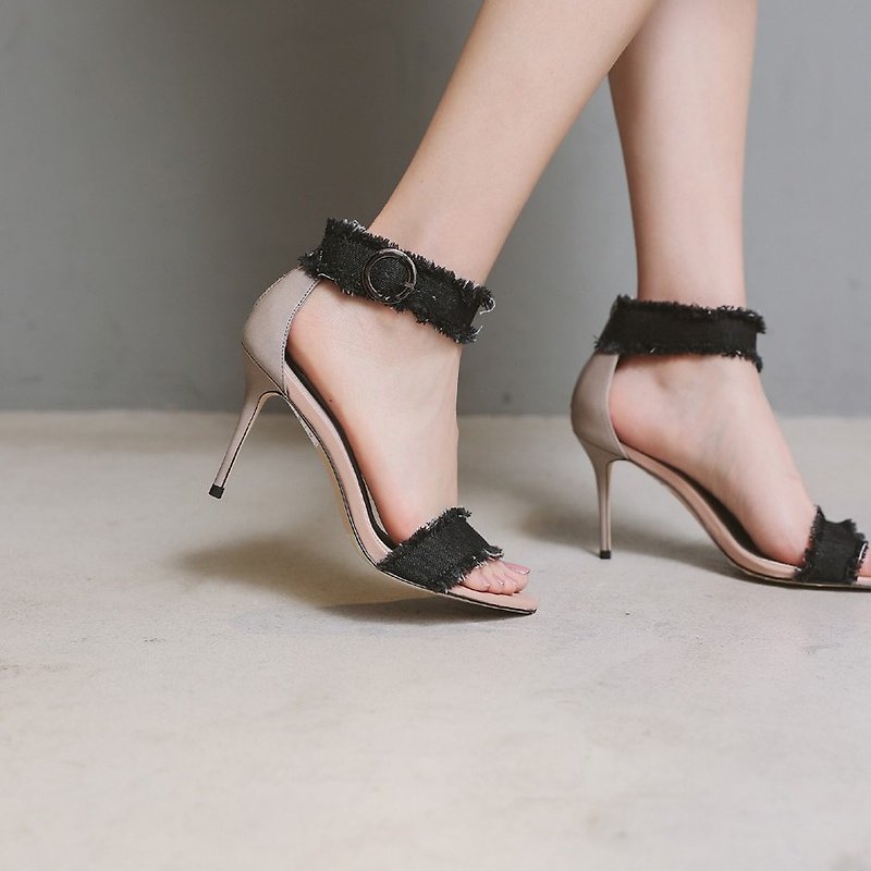 [Show products clear] 沁 cool around black denim leather stiletto sandals - รองเท้าส้นสูง - หนังแท้ สีดำ
