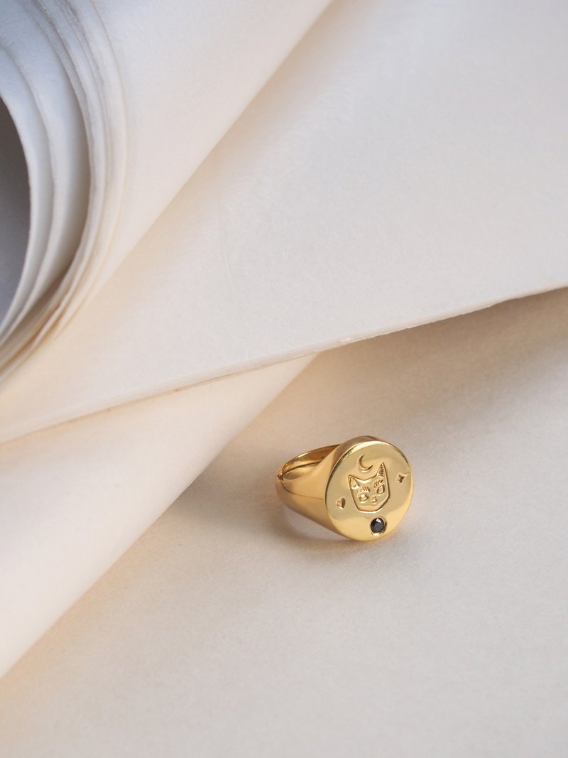 Cat Face Moon and Star Round Signet Ring, 925 Sterling Silver, Cat signet ring. - 戒指 - 其他材質 銀色