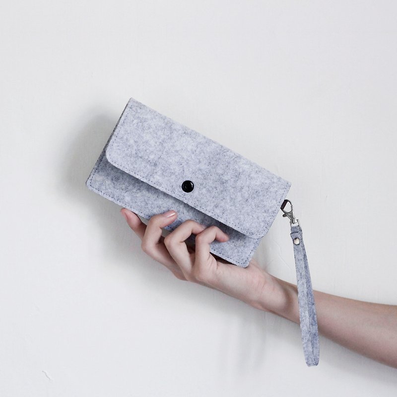 Simple wool felt mobile phone carry bag / wrist strap - light gray light gray ash about 6 吋 size available - กระเป๋าเครื่องสำอาง - ขนแกะ สีเทา