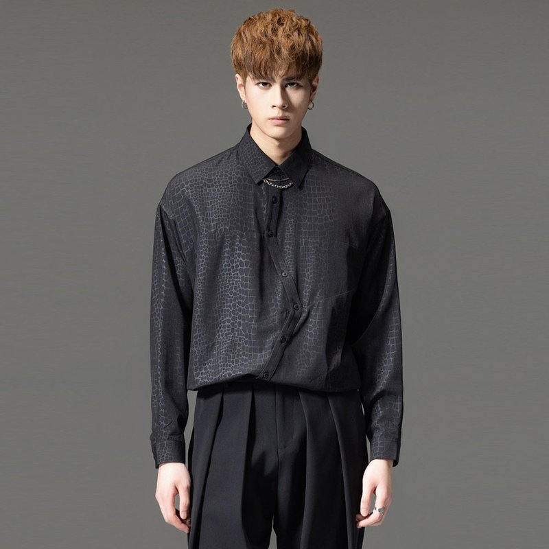 アシンメトリー長袖シャツテーピングシリーズダークカジュアルメンズトップス - シャツ メンズ - ポリエステル 