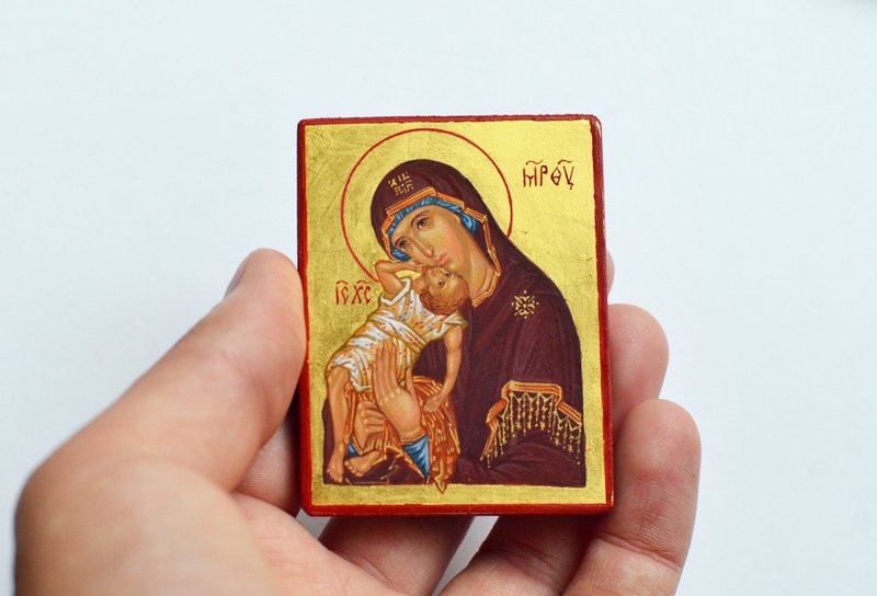 hand painted orthodox christian Virgin Mary icon, miniature religious painting - 其他 - 環保材質 金色
