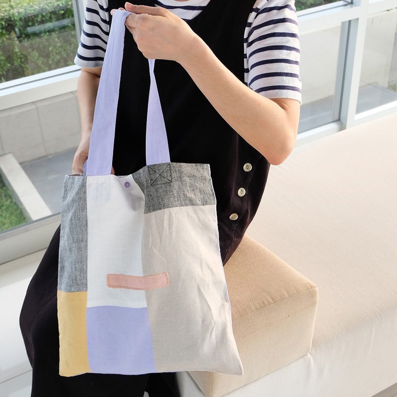 กระเป๋าสะพายข้าง Niko Tote Bag - Purple+Mustard - กระเป๋าถือ - ผ้าฝ้าย/ผ้าลินิน สีม่วง