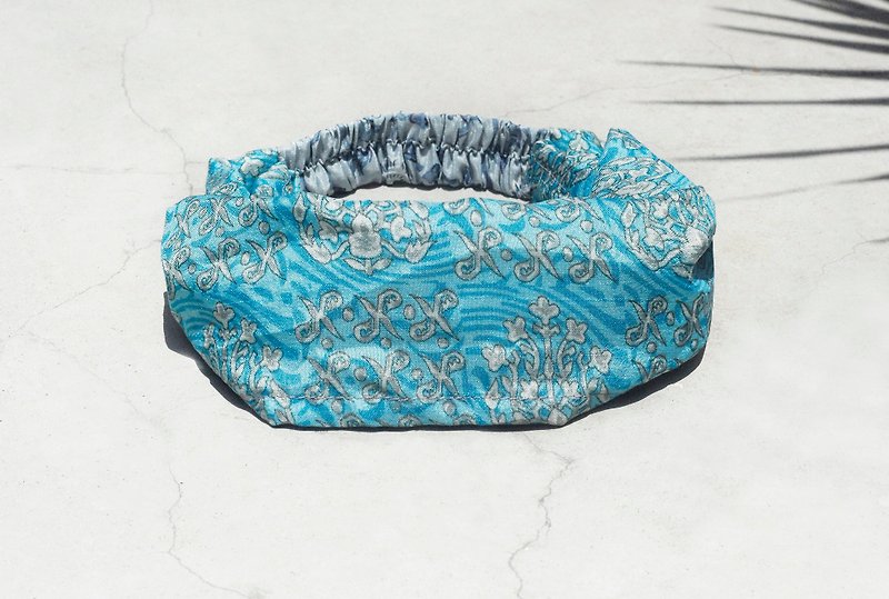 Birthday gift handmade headband/ French headband/ colorful flower headband/ satin elastic headband/ satin silk headband/ flower headband-blue green flower garden (manual limited one) - Hair Accessories - Silk Blue