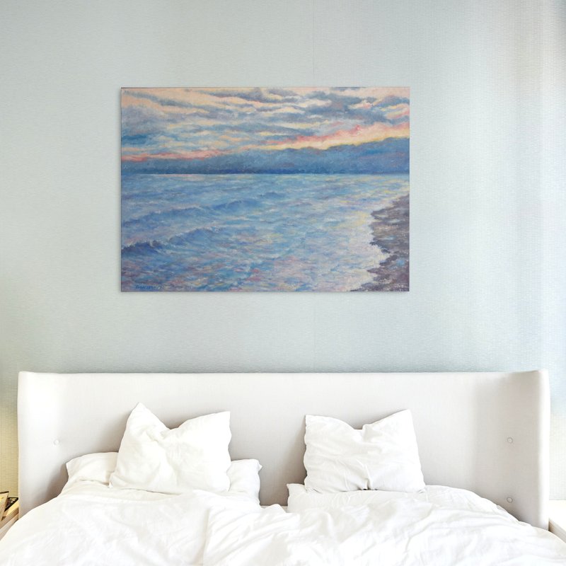 Seascape Original Art Oil Painting Wall Panel With Seascape Evening on the Sea - 海報/掛畫/掛布 - 其他材質 藍色