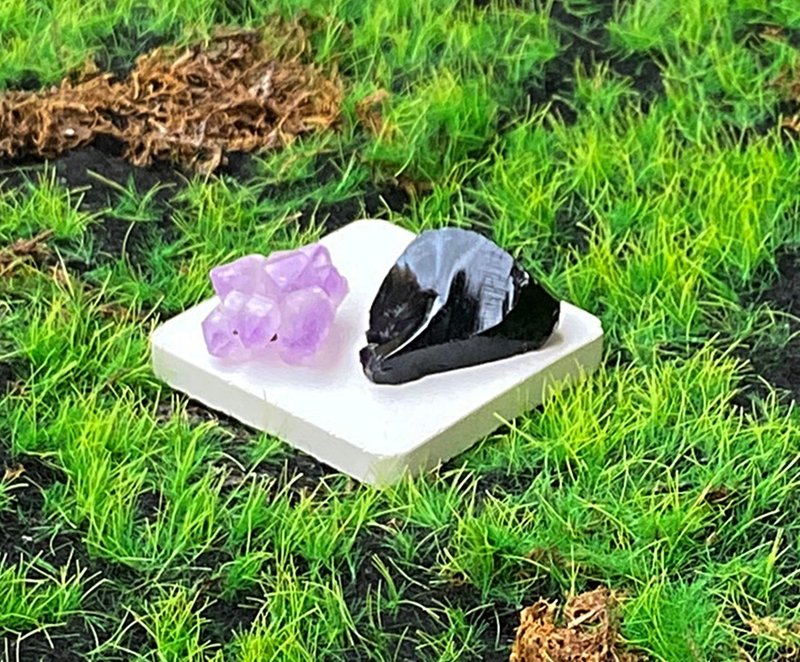 Amethyst backbone crystal flower | Obsidian | Increase wisdom, ward off evil and ensure safety | Natural raw mineral two-in-one set - Items for Display - Crystal Multicolor