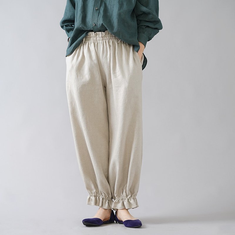 wafu - 亞麻褲子 Linen Pants with Extremely Gathered Hem / Flax Beige b006f-amn1 - 女長褲 - 亞麻 卡其色
