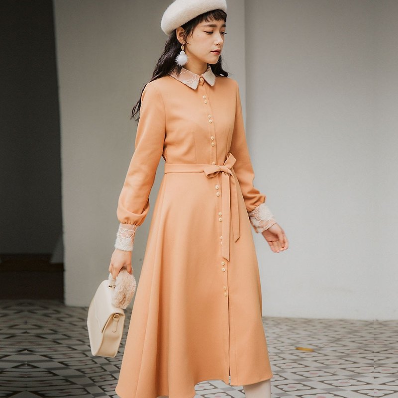 2018女裝冬季穿搭撞色領雙扣長款連身裙洋裝 - 洋裝/連身裙 - 聚酯纖維 橘色