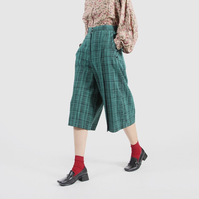 [Egg plant ancient] light and green grid printing ancient wide leg trousers - Women's Pants - Polyester Green