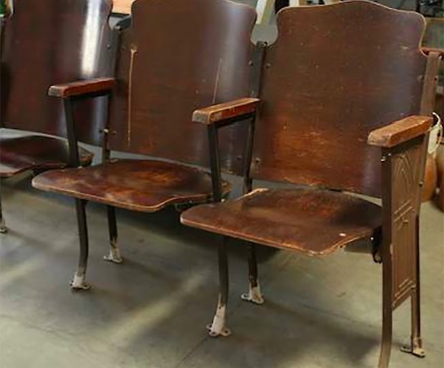 1942s Theatre Wood Seat Cast Iron, Antique Wooden Theatre Seats