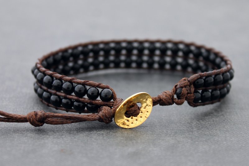 Black Onyx Row Cuff Bracelets, Men Unisex Stone Woven Wristband - สร้อยข้อมือ - หิน สีดำ