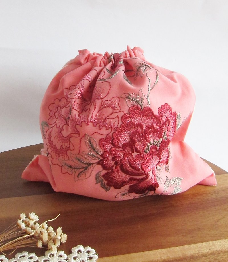 Embroidered  Peony  Draw String  Pouch Bag - Toiletry Bags & Pouches - Cotton & Hemp 