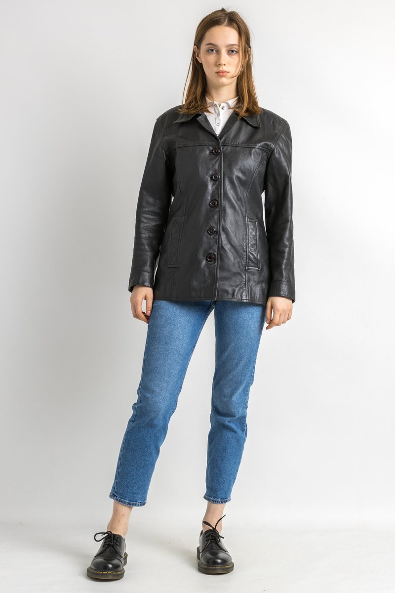 Leather Moto Bomber Jacket Women Vintage 80s Bomber Biker 5899 - 女大衣/外套 - 真皮 黑色