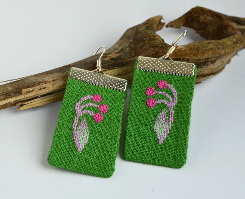 Green earrings with pink branch Cross stitch jewelry Nature fabric earrings - Earrings & Clip-ons - Linen Green