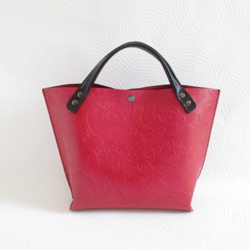 Cowhide, New Size, Wide Base Gusset, Pearl Red, Single Piece Leather Mini Tote, 0506 - กระเป๋าถือ - หนังแท้ สีแดง