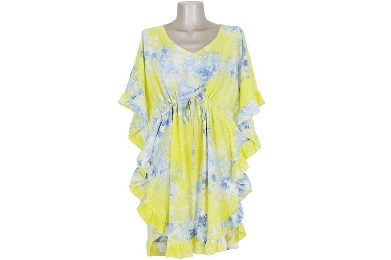 Uneven dyeing butterfly sleeve frills dress Summer lemon - One Piece Dresses - Other Materials Yellow