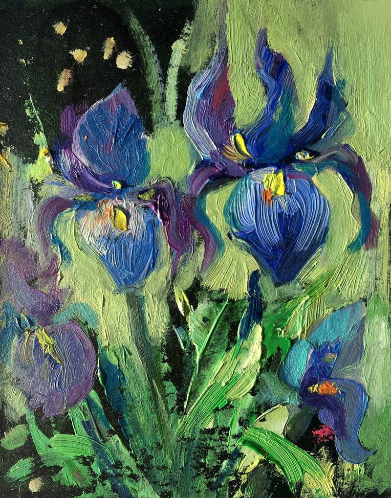 Flower Iris Van Gogh Original Painting Small Blue Irises gift art - โปสเตอร์ - วัสดุอื่นๆ สีน้ำเงิน