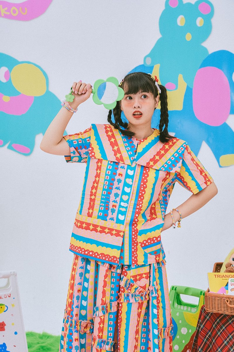 彩色樂園 拼接翻領短袖襯衫 - 女襯衫 - 棉．麻 多色