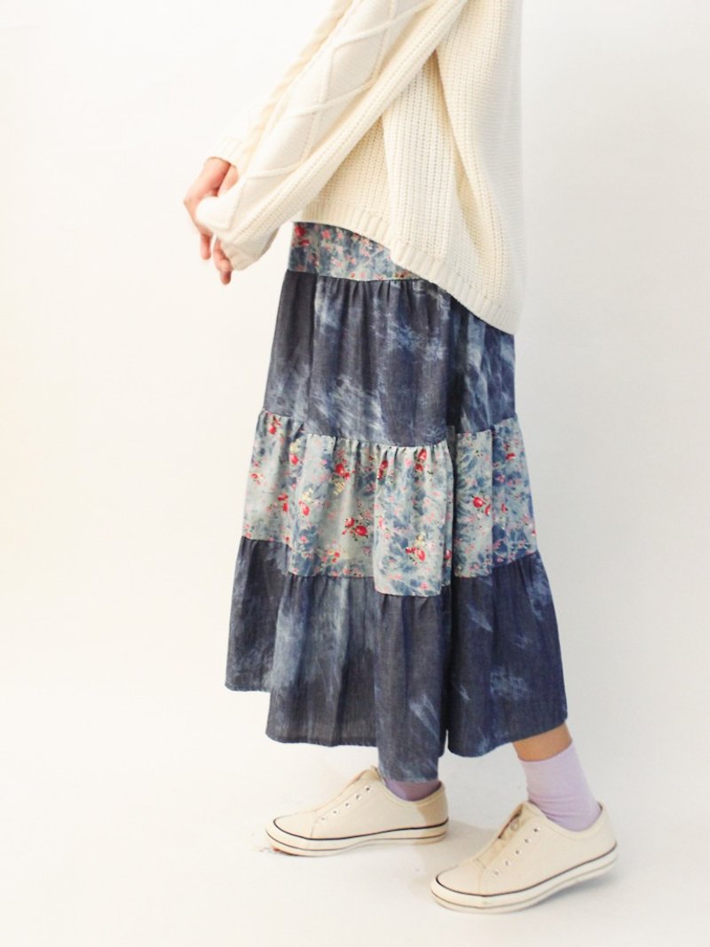 Vintage European country folk style cute little floral blue elastic waist cotton vintage dress - Skirts - Cotton & Hemp Blue