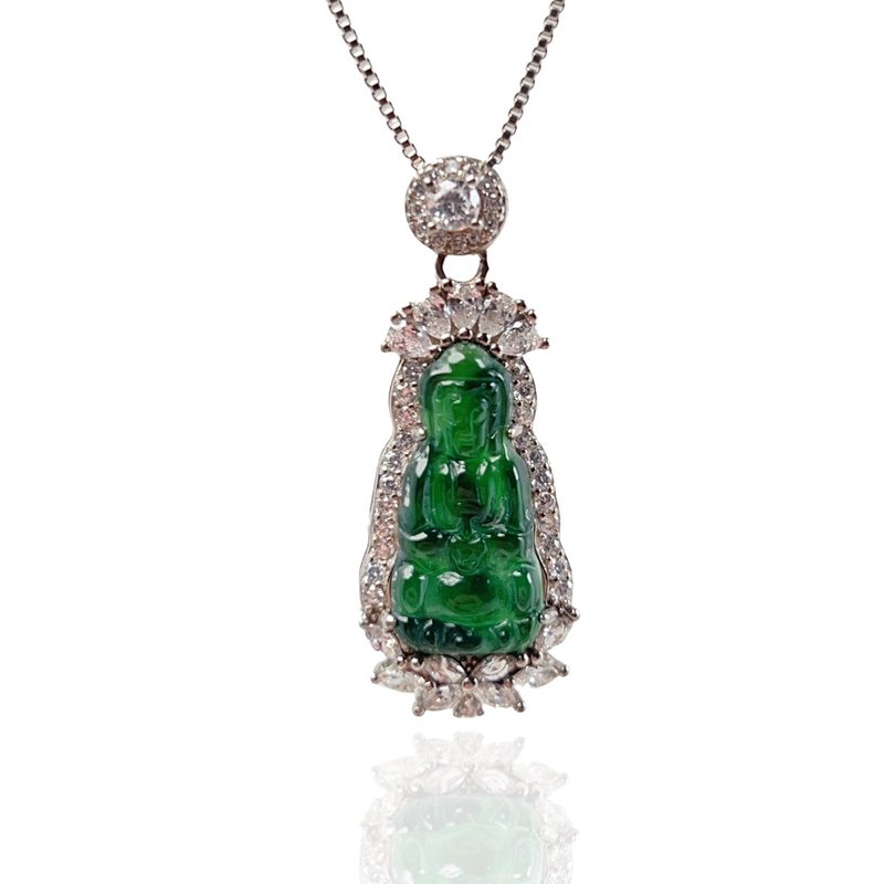 Bingzhong Laokeng Green Jade Guanyin Bodhisattva Necklace 925 Sterling Silver | Natural Jade A Goods | Gift - Necklaces - Jade Green