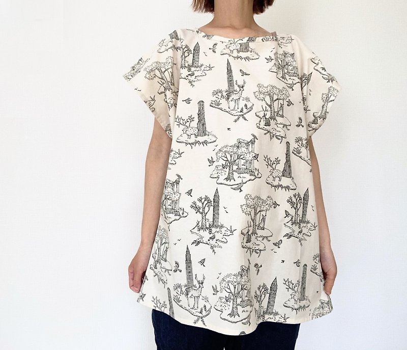rabbit and swing blouse  tunic simple French sleeve Cotton bird　sheep　tree - Women's Shirts - Cotton & Hemp Brown