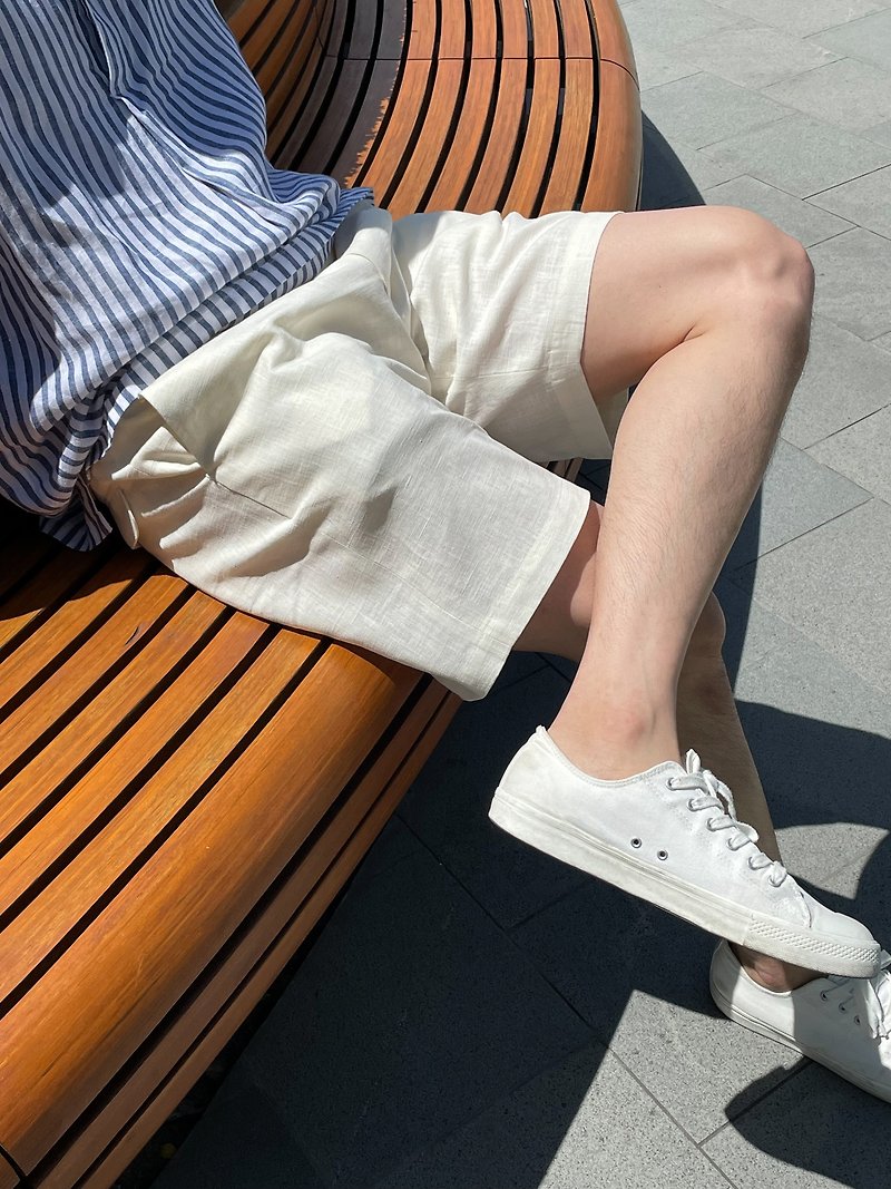 กางเกงขาสั้นผู้ชาย Solstice ผ้าลินินแท้ 100% สีขาวออฟไวท์ ปรับเอวได้ - กางเกงขาสั้น - ผ้าฝ้าย/ผ้าลินิน ขาว