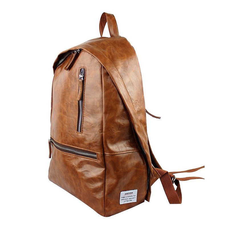 AMINAH-brown double chain leather backpack[am-0296] - กระเป๋าเป้สะพายหลัง - หนังเทียม สีทอง