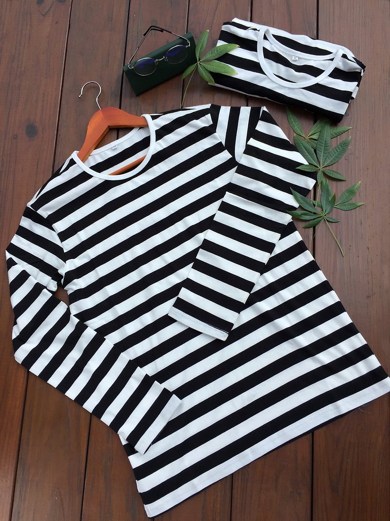 Elastic Cotton:: Round Collar :: Striped Long Sleeve T-Shirt - Women's Tops - Cotton & Hemp Black