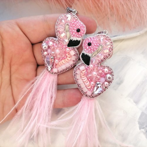 BroochWolli Flamingo earrings, Bird earrings,Flamingo jewelry,pink flamingo,summer earrings