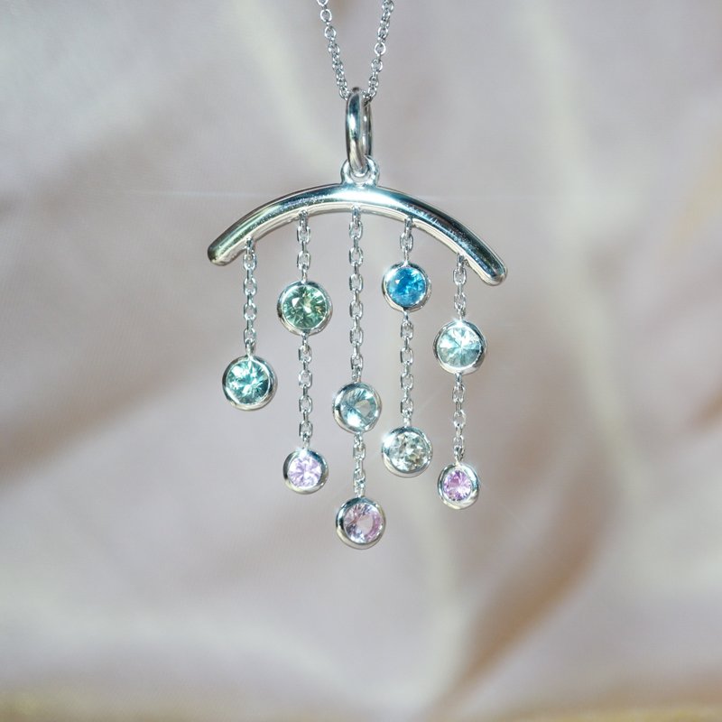 【彩虹瀾雨】CJ Design 18K白金 彩色藍寶石 吊墜 夏天 原創孤品 - 項鍊 - 寶石 