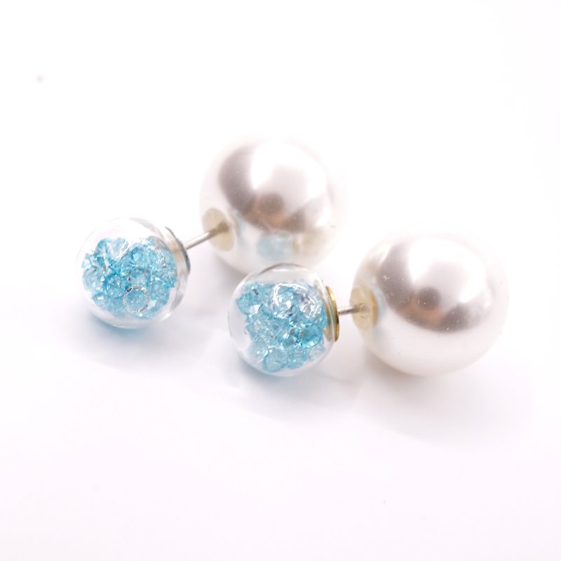A Handmade 湖水藍水晶玻璃球配大珍珠前後耳釘 - 耳環/耳夾 - 寶石 