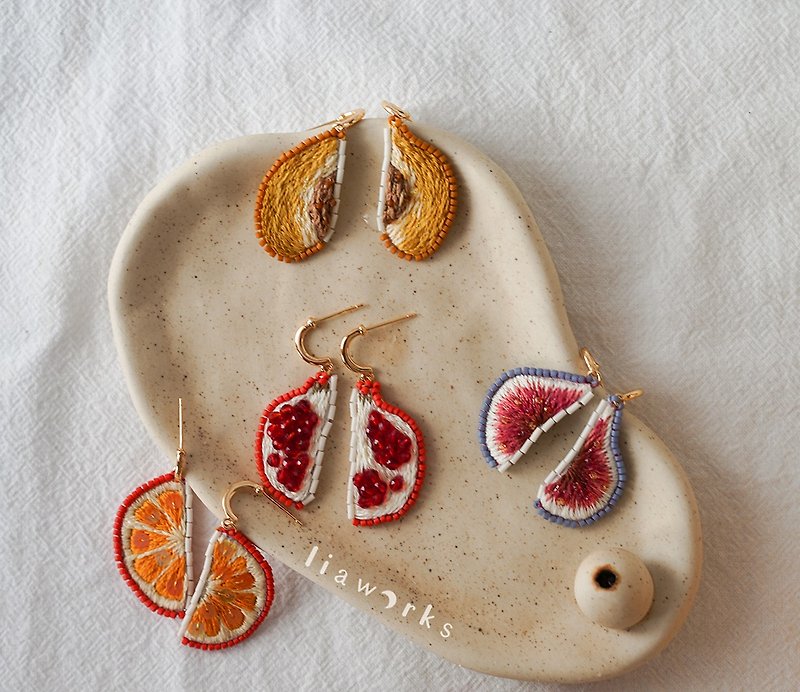 Hand embroidered earrings/ear clips/original design/fruit series - Earrings & Clip-ons - Cotton & Hemp 