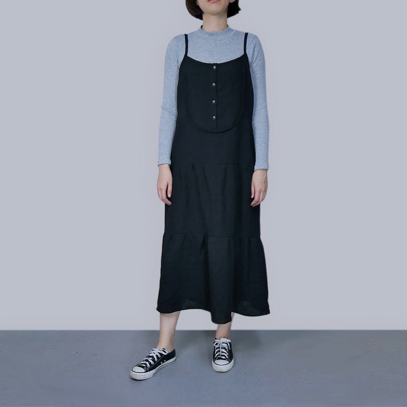 Black washed cotton layered dress - ชุดเดรส - ผ้าฝ้าย/ผ้าลินิน สีดำ