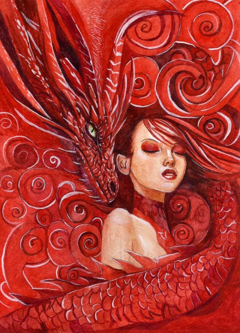 Girl with dragon watercolor painting red artwork - ตกแต่งผนัง - กระดาษ สีแดง