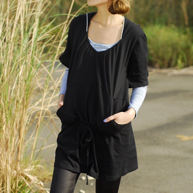 Hooded Five-Sleeve Sleeve V-Neck Loose Fit Long-Top Top - Black - One Piece Dresses - Cotton & Hemp 