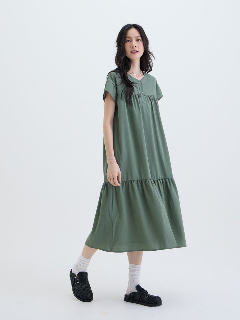 漣光半開襟拼接洋裝-暮綠 - 洋裝/連身裙 - 其他人造纖維 綠色