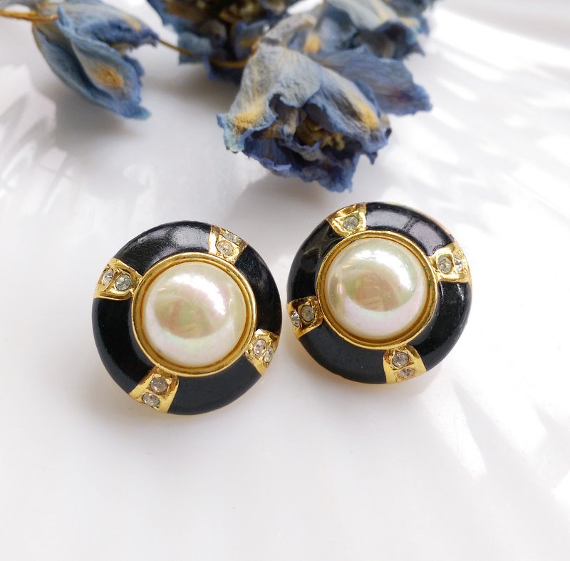 西洋古董飾品。ROMAR  氣質黑 針式耳環 - 耳環/耳夾/耳骨夾 - 其他金屬 金色