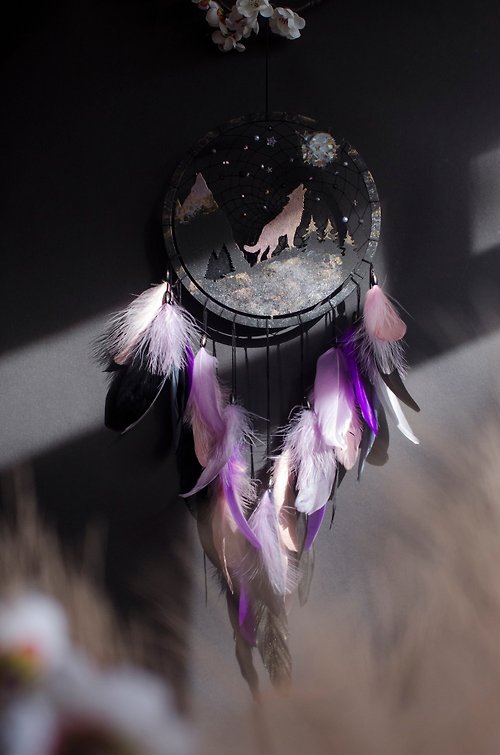 VIDADREAMS Enchanted Forest Wolf and Moon Handmade Purple Black Dream Catcher | Handmade