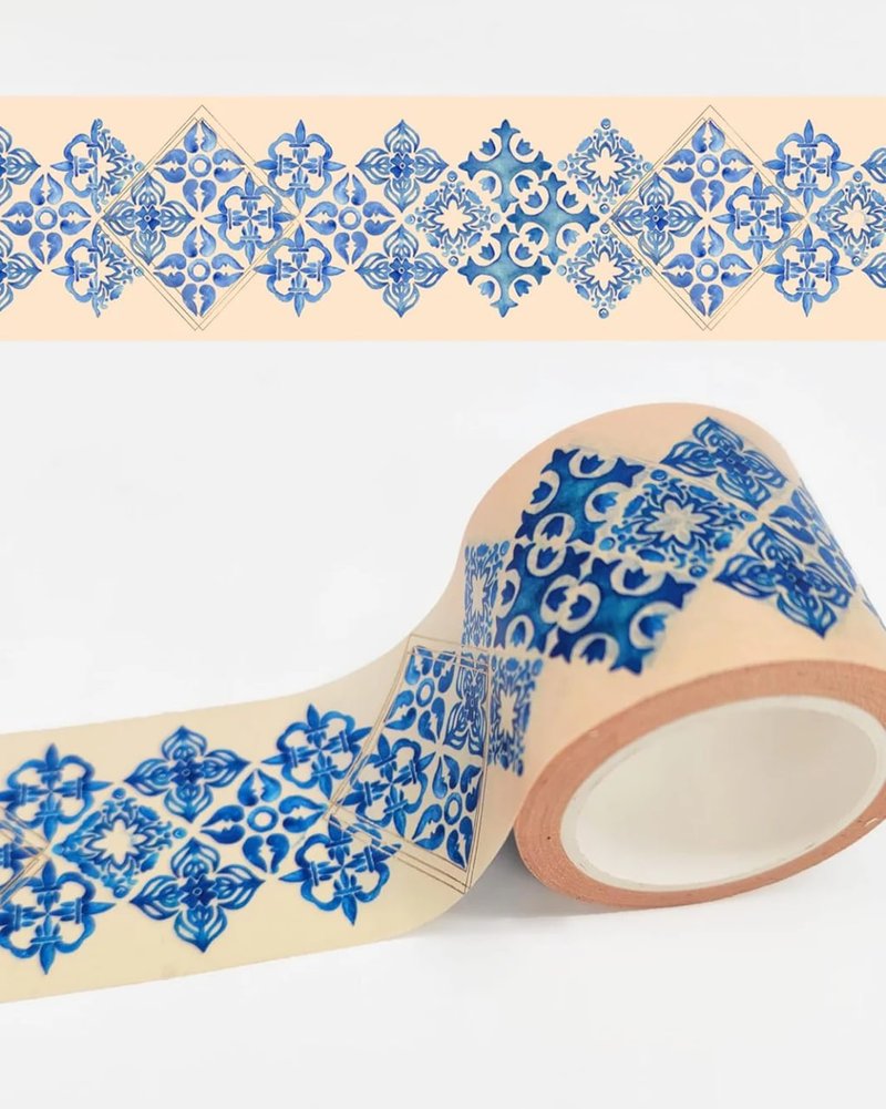 Gold foil blue Mediterranean tiles extra long washi tape - 紙膠帶/和紙/PET - 紙 藍色