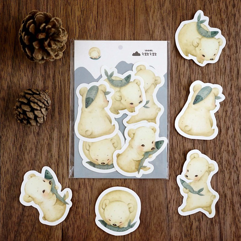 【手帳貼紙包】白熊與魚布偶 | 水彩插畫 - 貼紙 - 紙 綠色