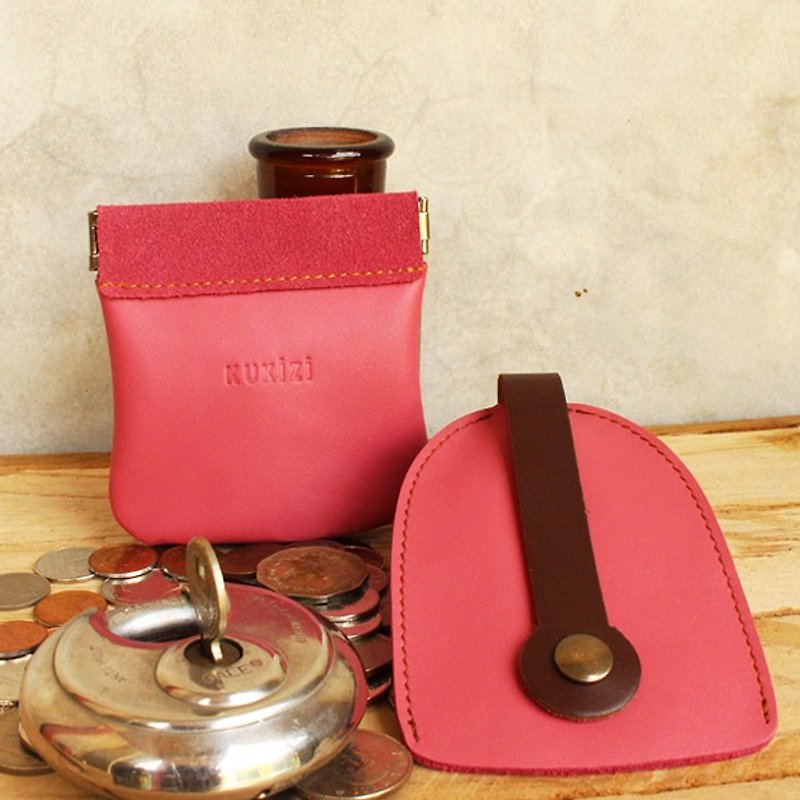 Set of Coin Bag & Key Case - Pink + Brown Strap / Cow Leather / Coin Purse  - กระเป๋าใส่เหรียญ - หนังแท้ 