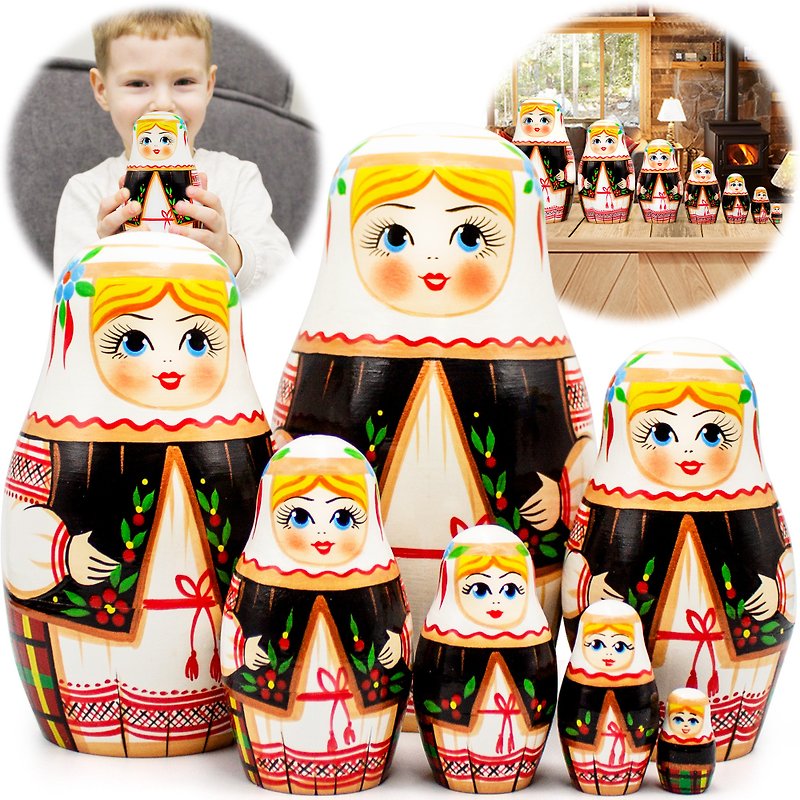 Ukrainian Nesting Dolls 7 pcs - Matryoshka Dolls in Ukrainian Dress Vyshyvanka - ของเล่นเด็ก - ไม้ หลากหลายสี