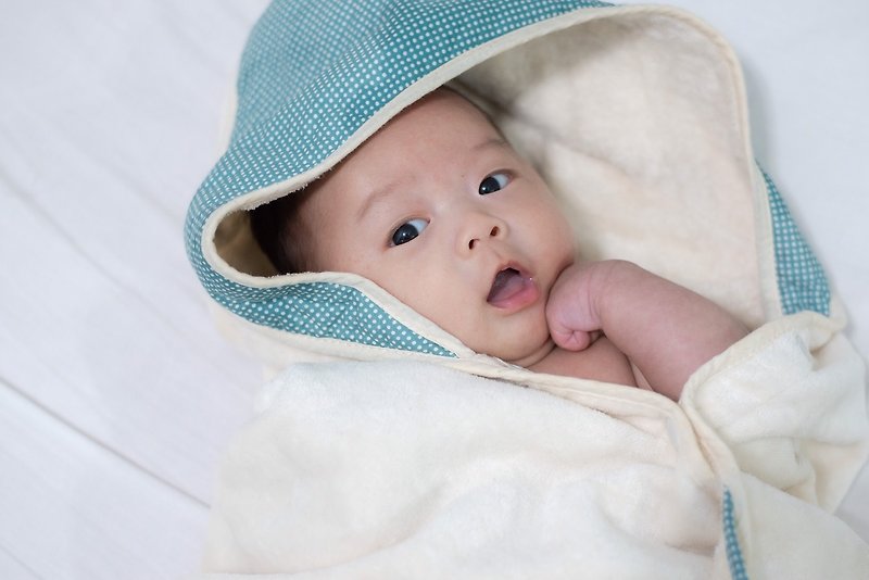 nizio small mushroom raw cotton yarn growing bath towel/bathrobe- Teal dots [newborn baby gift] - ของขวัญวันครบรอบ - ผ้าฝ้าย/ผ้าลินิน 