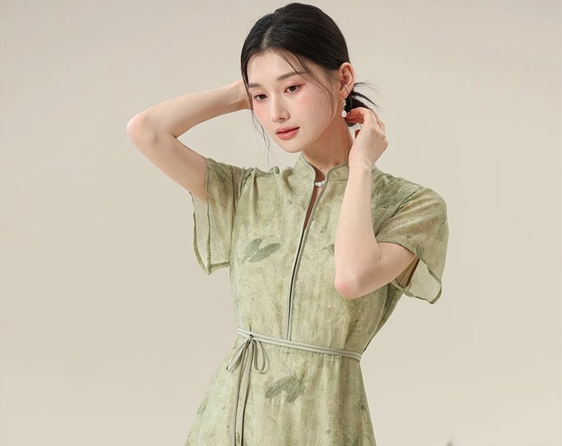 New Chinese retro Chinese style lyocell plant dyed embroidered temperament cheongsam - One Piece Dresses - Cotton & Hemp Green