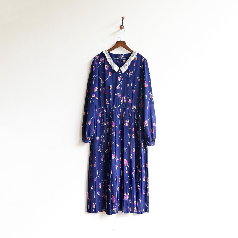 [Egg Plant Vintage] Shanlan Lace Collar Printed Long Sleeve Vintage Dress - ชุดเดรส - ไฟเบอร์อื่นๆ สีน้ำเงิน