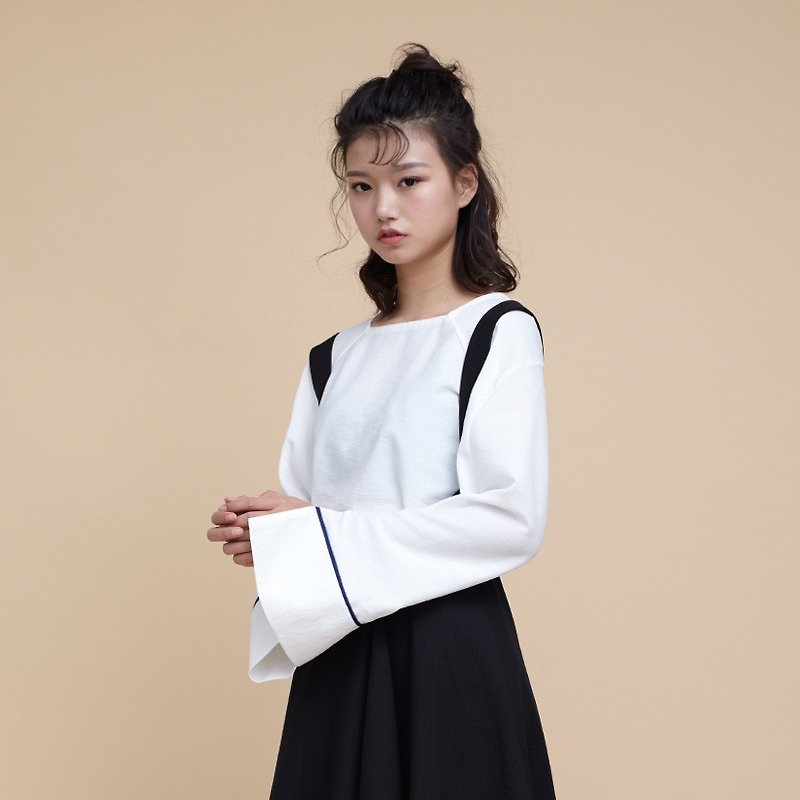 kitann ino independent design special cut loose solid color square collar horn sleeve shirt female spring long sleeve base