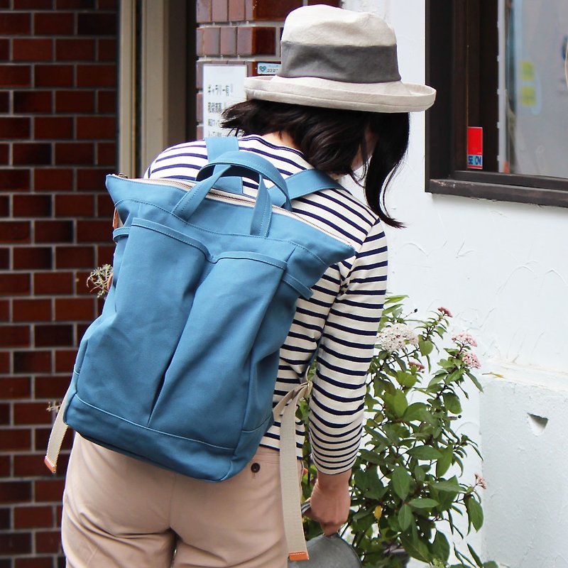 hike40: Blue Gray Takashima Canvas Backpack - กระเป๋าเป้สะพายหลัง - ผ้าฝ้าย/ผ้าลินิน สีน้ำเงิน