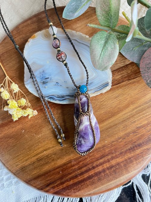 Vs Workshop Chevron amethyst 玻璃米珠x天然石 紫水晶原石 串珠吊墜手編蠟繩