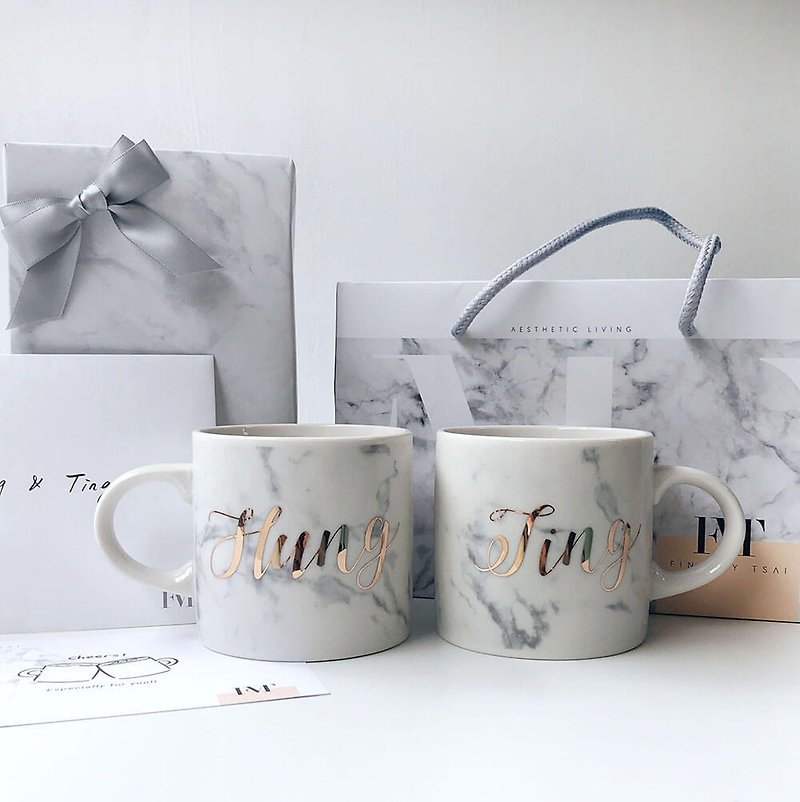[Customized] 2 cups-Marbling stickers gold mug gift set | Wedding gifts, birthday gifts - แก้ว - เครื่องลายคราม สีทอง